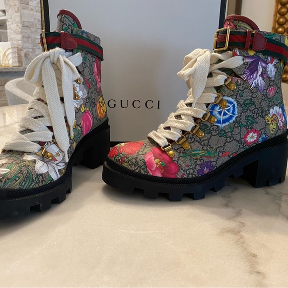 Gucci Multicolor Floral Lace-Up Boots - Picture 1 of 3
